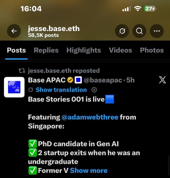 The image shows a social media post by @jessepollak that has been reposted today. The post includes a link to Base Stories 001, which was featured on a video posted by @adamwebtthree. The post also mentions that there are two people who have voted for the post and that it is related to the founder of Base Stories 001. The image focuses on the reposted post and its connection to the Base Stories 001 creator.