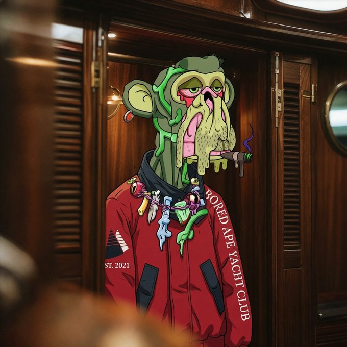 A Bored Ape Yacht Club-style NFT character with green facial features, wearing a red jacket labeled 'BORED APE YACHT CLUB EST. 2021' and smoking a cigar.