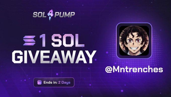 The image features an advertisement for Sol Pump with a purple background, blue lettering, and a picture of a man's face. The main focus of the post is the "1 SOLANA GIVEAWAY" giveaway, and there are some text elements like "@Mntrenches", "@Spumpio", "#SolPump", and "#solpump". Additionally, some numbers such as "48 hours" appear in the image, which could be the deadline for entering or the duration of the giveaway. The image also contains a small white watermark that is not clearly visible on this version.