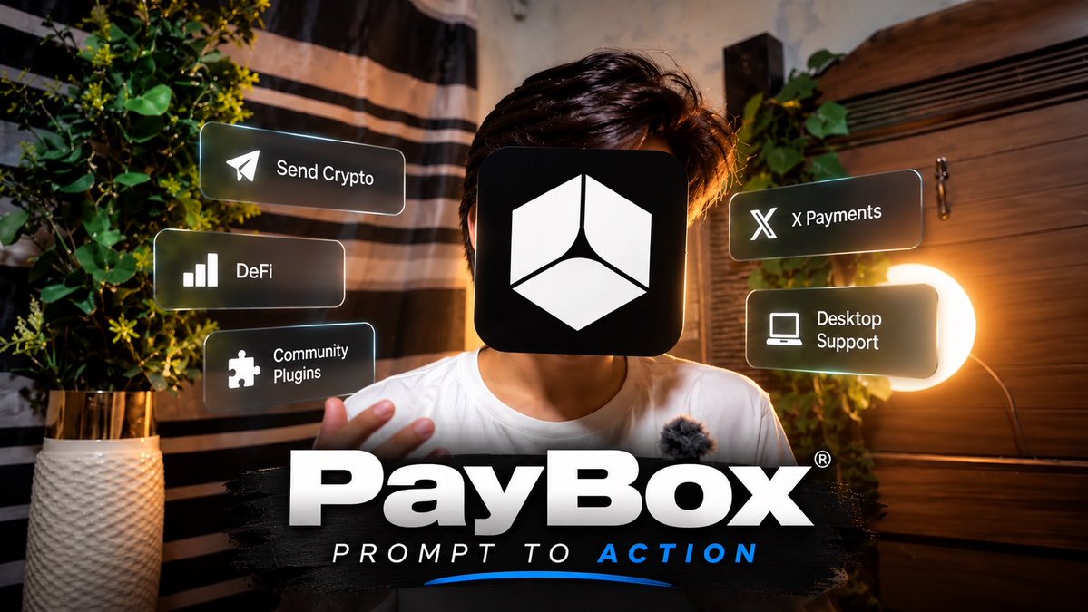 A PayBox promotional graphic overlays a person in a studio with floating labels for “Send Crypto,” “DeFi,” “Community Plugins,” “X Payments,” and “Desktop Support.” Large text reads “PayBox®” and “PROMPT TO ACTION.”
