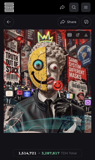 A mobile screenshot of an artwork on a crypto/social platform featuring a half-smiley face, half-classical bust figure holding a lollipop, with text 'TRUTH OUT OF STOCK' and 'SAME SYSTEM DIFFERENT MASKS,' showing 3,287,817 TDH Total.