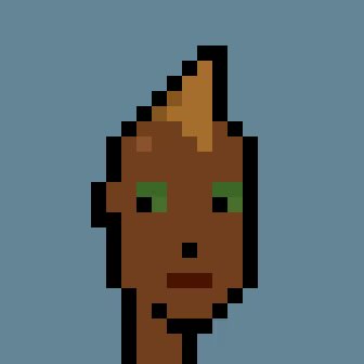 A low-resolution pixel art portrait of a dark-skinned character with a small orange flame or tuft of hair on top, set against a solid light blue background.