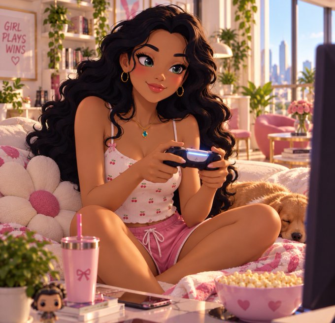 An animated illustration of a girl with long curly black hair playing video games while sitting on a bed with snacks and a puppy nearby, with a 'GIRL PLAYS WINS' sign on the wall.