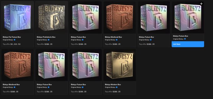 The image shows a marketplace display featuring various Blokyz NFT boxes (Futures, Prehistoric, and Medieval varieties) with starting prices ranging from $280.35 to $2,322.92, where the "Blokyz Far Future Box" is highlighted in blue as selected. This relates to the post by someone who purchased a Blokyz Far Future Box as a show of support for the project creators @Tma_420 and @OriginalBlokyz, expressing confidence in their leadership despite the speculative nature of the purchase.