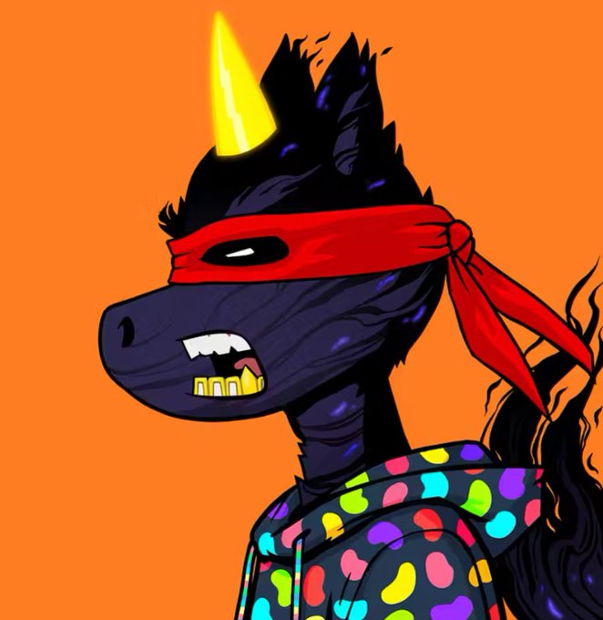 The image features a cartoon illustration of an angry unicorn with a red bandana around its neck and mouth. The unicorn appears to be wearing a colorful polka dot hoodie, which adds to the overall visual appeal of the artwork. The background is orange, providing a vibrant contrast that makes the colors in the illustration stand out even more. The caption at the bottom of the image reads "All about $UFD It's all been said before DYOR But seriously do YOURSELF A favor Do the research and consciously decide, cause one day You'll see us up there". This message encourages viewers to appreciate the artistry behind the illustration while also promoting the importance of supporting artists.