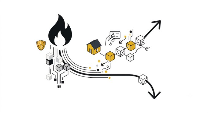 A digital illustration showing a flow from a flame icon on the left, through a series of cubes and house icons representing a blockchain, splitting into upward and downward arrows on the right.
