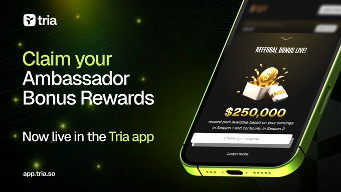 A promotional graphic for Tria's Ambassador Bonus Rewards featuring the text "Claim your Ambassador Bonus Rewards" and "Now live in the Tria app" alongside a smartphone displaying a $250,000 reward pool notification for Season 1 and Season 2 participants. The image visually reinforces the post's announcement by showcasing the in-app rewards page where eligible ambassadors can check and claim their referral bonuses for helping build the Tria community.