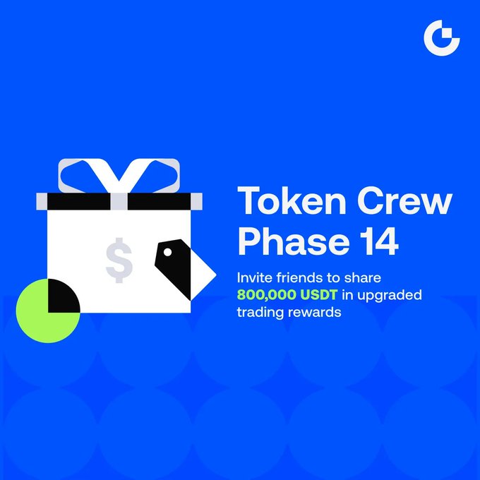A promotional banner featuring a gift box icon alongside text announcing "Token Crew Phase 14 — Invite friends to share 800,000 USDT in upgraded trading rewards," which directly illustrates the post's call to action for Gate's referral program with enhanced prize offerings.