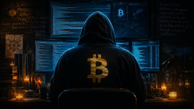 The image shows an individual sitting at a desk with a computer screen displaying a Bitcoin logo. The person appears to be wearing a black hoodie over their head while working on the computer. The scene suggests that the individual might be involved in some form of digital currency or cryptocurrency-related activity, as they are described as "a Bitcoin enthusiast" and "a Bitcoin developer."