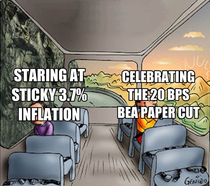 A two-panel meme showing two characters on a bus: one 'staring at sticky 3.7% inflation' with a rocky cliff view, and another 'celebrating the 20 BPS BEA paper cut' with a sunny landscape.
