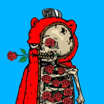 A cartoon illustration depicts a skeleton wearing a red bear hood labeled 'SHATE OR DIE,' holding a red rose in its teeth, with more roses decorating its ribcage.