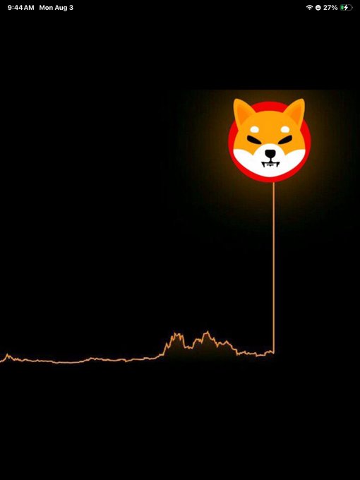 An iPad lock screen (9:44AM Mon Aug 3, 27% battery) displays a Shiba Inu coin logo resembling a hot air balloon lifting off, carrying a small price chart upward on a line.