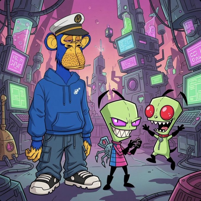 A blue cartoon monkey in a sailor cap and hoodie stands alongside two green alien characters from the animated series "Invader Zim," set against a vibrant cyberpunk cityscape filled with glowing monitors and machinery, celebrating the show's revival by Boom! Studios.