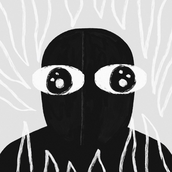 An illustration of a black silhouette figure with large, wide eyes against a grey background with white sketchy lines.