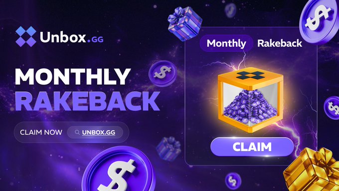 A promotional banner for Unbox.GG advertising 'MONTHLY RAKEBACK' with a 'CLAIM NOW' button, featuring purple gift boxes, dollar sign coins, and a transparent cube filled with purple crystals against a dark purple background.