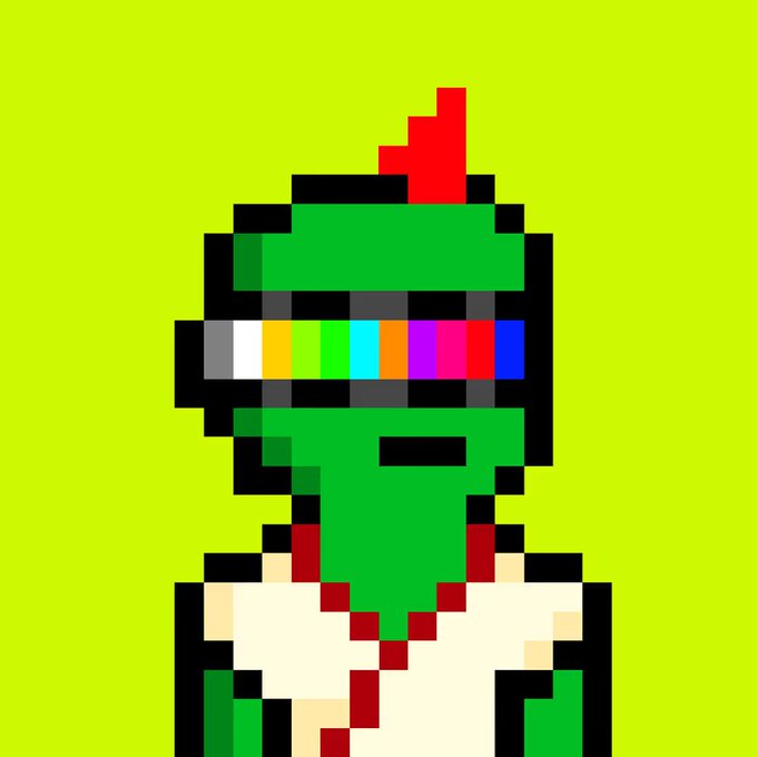 A pixel-art character featuring a green helmet with a red mohawk and a rainbow-colored visor, wearing a beaded necklace, set against a bright yellow-green background. The colorful spectrum across the helmet's visor visually represents the "new highs" and unique digital identity referenced in the celebratory post about the record-breaking sale of Robinhood Migos #4547.