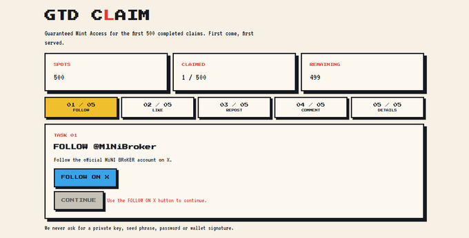 The image shows a "GTD CLAIM" interface for MiniBroker's MiNi token airdrop, displaying a guaranteed mint access page with 500 total spots, 1/500 claimed, and 499 remaining on a first-come, first-served basis. The current task shown is "01/05 FOLLOW @MiNiBroker" on X, with subsequent steps for liking, depositing, commenting, and providing details before completing the claim.