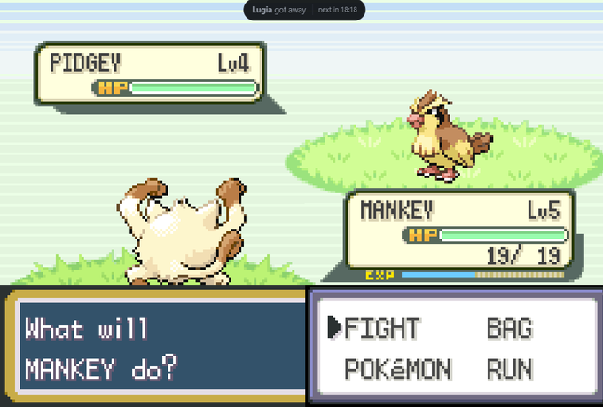 A screenshot from a Pokémon game battle scene featuring a Pidgey (Lv4) attacking a Mankey (Lv5) with 19/19 HP, with menu options to FIGHT, BAG, POKéMON, or RUN.