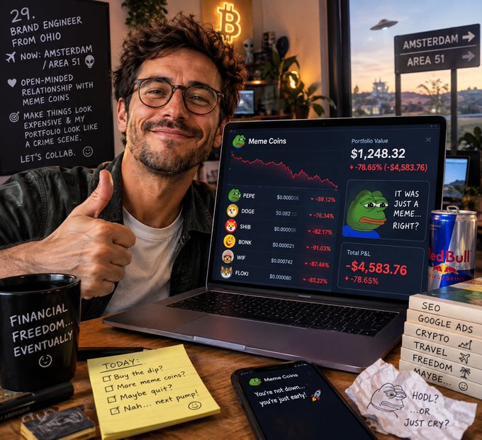 A man gives a thumbs up next to a laptop displaying a meme coin portfolio showing significant losses, with text like 'PEPE', 'DOGE', and 'SHIB'; a sticky note reads 'TODAY: Buy the dip?' and a coffee mug says 'FINANCIAL FREEDOM... EVENTUALLY'.