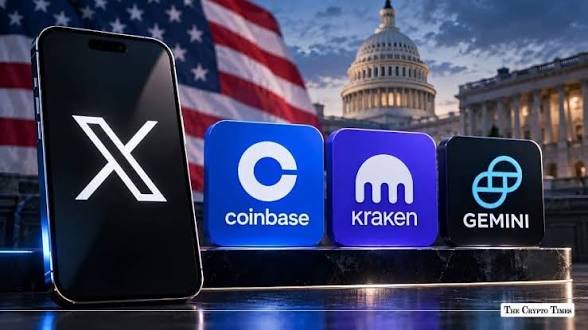 A promotional graphic displaying a smartphone with the X (Twitter) logo alongside icons for Coinbase, Kraken, and Gemini cryptocurrency exchanges, set against an American flag and the US Capitol building, watermarked 'The Crypto Times'.