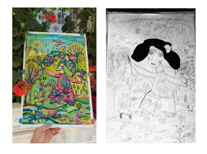 Two side-by-side images: a colorful painted artwork of a figure in a nature scene held up against greenery, and a pencil sketch version of the same composition.