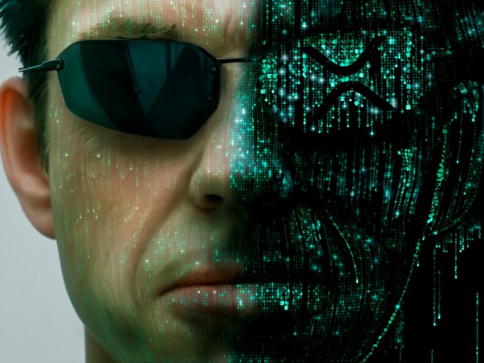 A person wearing sleek black sunglasses is shown with one side of their face transformed into a digital matrix of cascading green code, symbolizing the technological essence of XRP cryptocurrency. The futuristic, cyberpunk aesthetic visually reinforces the post's message that "$XRP is inevitable," suggesting XRP's rise is an unstoppable, technologically driven future.