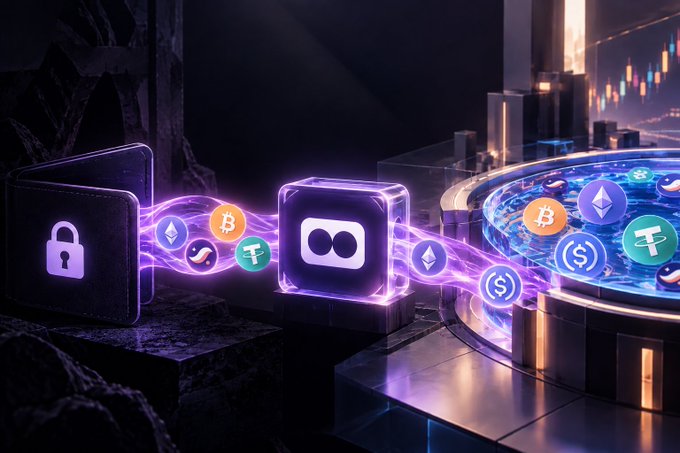A glowing purple cube labeled with a privacy-style icon bridges a dark, rock-walled vault (marked with a lock symbol) on the left to a bright, futuristic exchange on the right, channeling streams of crypto tokens including Bitcoin (₿), Ethereum (Ξ), and Tether (₮) through a vibrant flow of light. The imagery visualizes Ekubo's private swaps enabling shielded funds to tap into Starknet's public liquidity, aligning with the post's message about $STRK powering practical private DeFi.