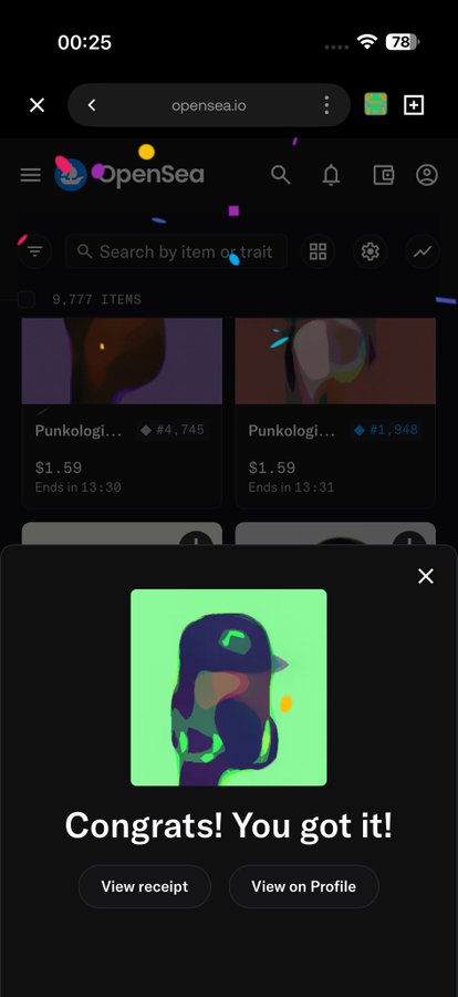 A mobile screenshot of the OpenSea website (opensea.io) displays an NFT purchase confirmation popup reading 'Congrats! You got it!' over a darkened background of listed 'Punkologi...' items.