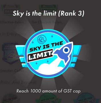 A 'Sky is the Limit (Rank 3)' achievement badge featuring a rocket graphic with the goal to 'Reach 1000 amount of GST cap.'