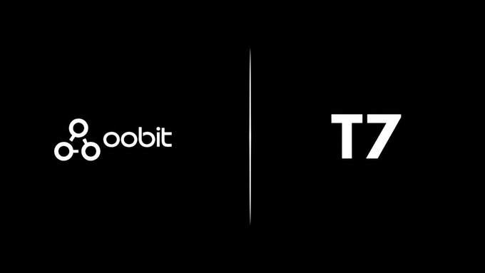 The image presents two logos, one being an oOBIT logo with a white background and black lettering while the other has a gray background and white text reading "T17". The gray logo appears to be sponsored by T7 Hub. In the surrounding content, there is a paragraph of text including various phrases such as "OOBIT GIVEAWAY 1st Place $30 2nd Place $20 3rd Place $10 To participate: Follow @oobit Follow @Team7hub Good luck to everyone". The image shows two different logos with varying designs and colors in the same space.