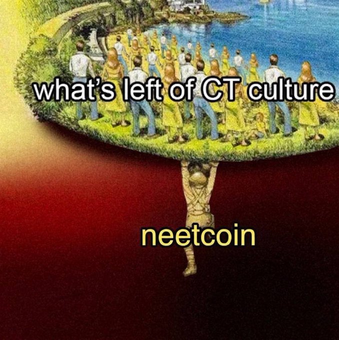 A cartoon illustration of a group of people holding up a large red ball labeled "neetcoin" against a blue sky backdrop, with the text "What's left of CT culture?".
