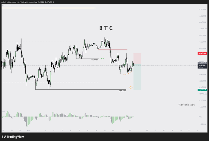 A Bitcoin (BTC) price chart from TradingView by polaris_xbt, showing price action with annotations of 'Equal lows' marked on the chart around the 62,000-66,000 price range.