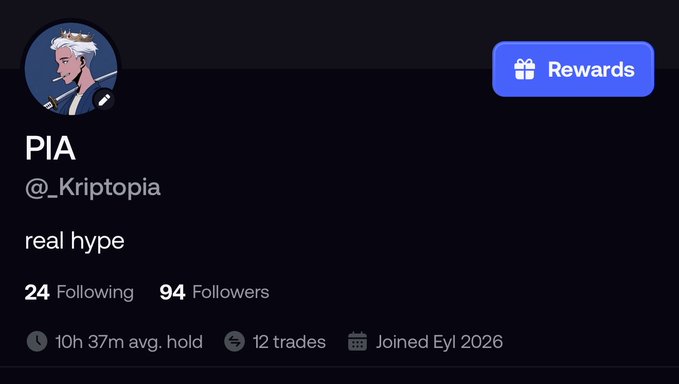 A social media profile card for "PIA (@_Kriptopia)" with a "real hype" bio, 94 followers, 24 following, 12 trades, and a "Rewards" button. The profile image is being used as snapshot verification for a giveaway claiming to send $30 to followers on the @fomo platform.