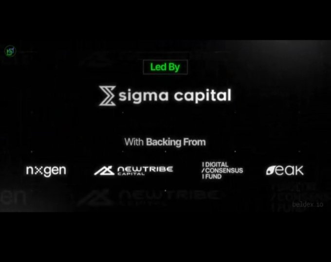 A sponsorship slide showing 'Led By sigma capital' and 'With Backing From nxgen, NEWTRIBE CAPITAL, DIGITAL CONSENSUS FUND, and deak' on a black background, with a 'beldex.io' watermark.