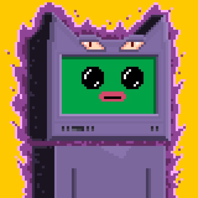 A pixel art illustration of a purple arcade cabinet with a green screen displaying a simple smiling face, set against a bright yellow background.