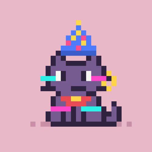 A pixel-art illustration of a purple cat wearing a blue party hat with a colorful horn, sitting against a pink background.