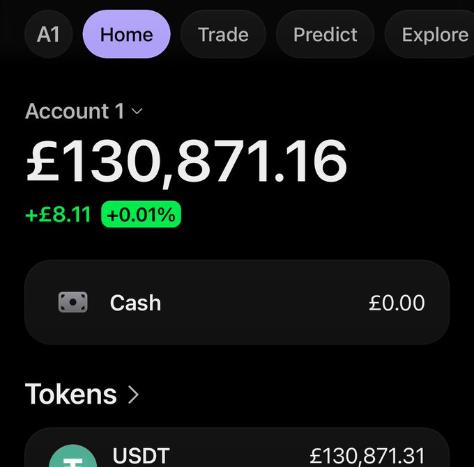 A mobile cryptocurrency app screenshot showing Account 1 with a balance of £130,871.16, displaying a +£8.11 (+0.01%) gain, with tabs for Home, Trade, Predict, and Explore.