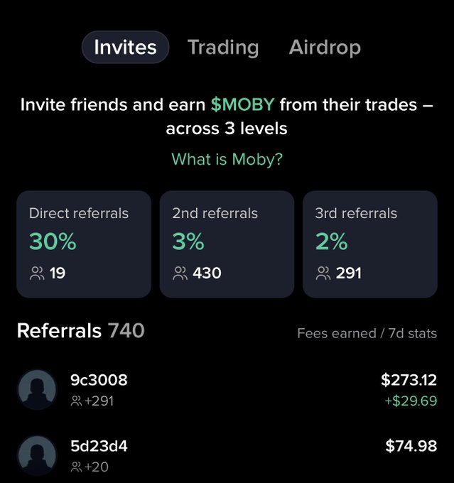 A Moby referral dashboard shows earnings paid across 3 levels: 30% from direct referrals, 3% from 2nd-level referrals, and 2% from 3rd-level referrals, with 740 total referrals and example fees of $273.12 and $74.98. The rewards are paid automatically in $MOBY.