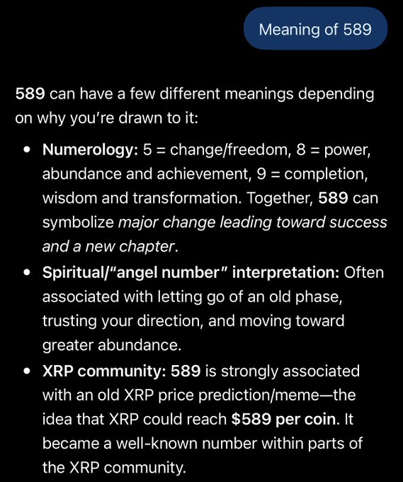 A text screenshot titled 'Meaning of 589' explaining interpretations including numerology ('major change leading toward success'), spiritual angel numbers, and its association with XRP cryptocurrency price predictions of $589 per coin.