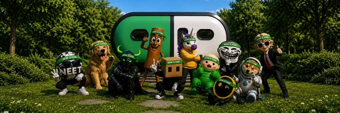 A group of costumed mascot characters, including a dog in a shirt reading "NEET" and figures wearing "NO GRAVITY" hats, pose in front of a large green and white logo.