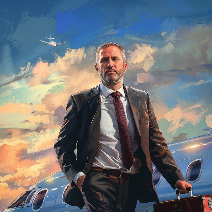 A painted illustration of a bearded man in a black suit and burgundy tie, holding a briefcase while standing in front of a private jet with an airplane visible in the cloudy sky.