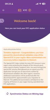 A mobile screenshot shows a Pi Network app notification titled "Welcome back!" with text regarding "Tentative Approval" for KYC applications, relating to the post's criticism about Pi Network's KYC approval issues and users threatening to quit.