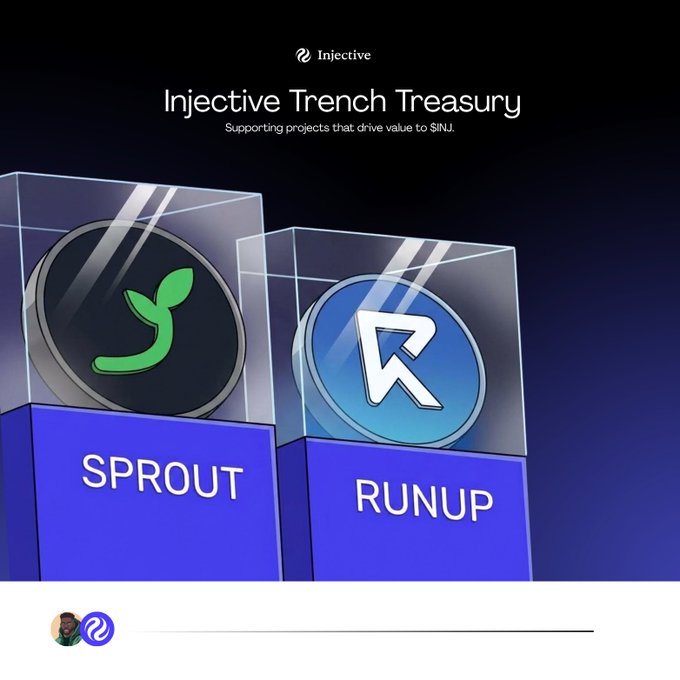 A promotional graphic for 'Injective Trench Treasury' displays two glass-like cubes labeled 'SPROUT' and 'RUNUP' with the text 'Supporting projects that drive value to $INJ.'