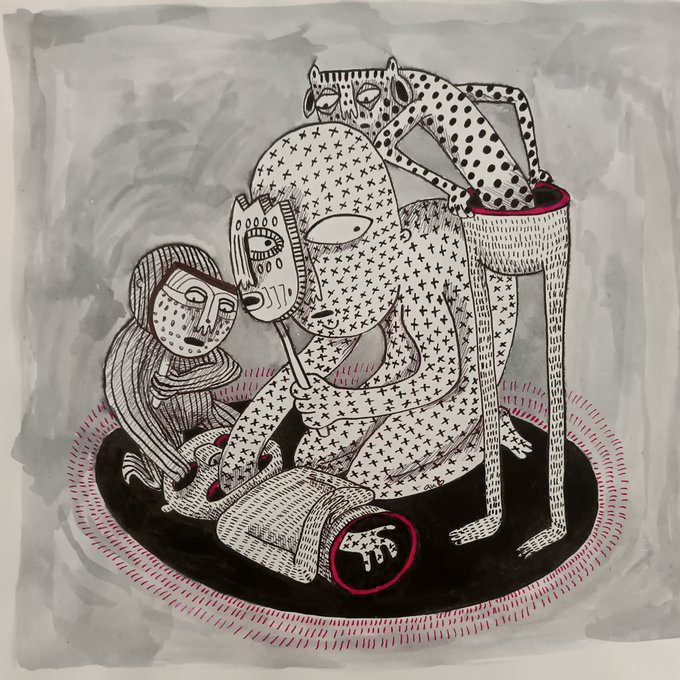 A black and white ink and watercolor illustration depicting two patterned figures, one holding a mask, with a spotted animal resting on a pedestal.