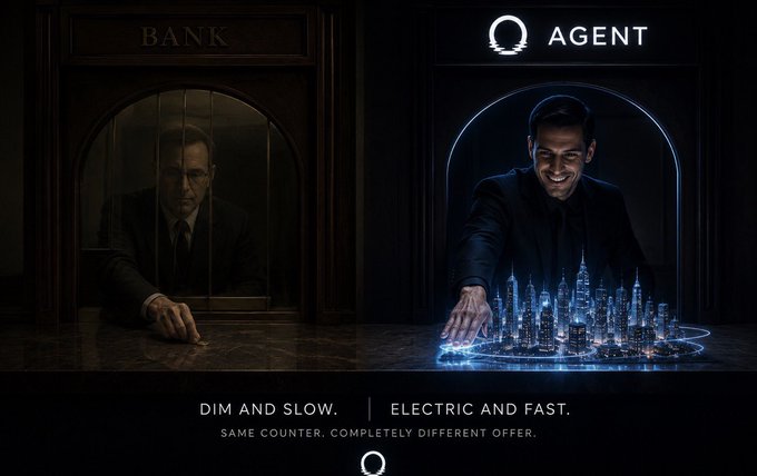The image is a split promotional graphic for "Q AGENT," showing a somber bank teller on the left under "BANK" and a smiling suited man on the right under "Q AGENT" with a glowing digital cityscape, with the tagline "DIM AND SLOW. | ELECTRIC AND FAST. SAME COUNTER. COMPLETELY DIFFERENT OFFER." It visually contrasts the sluggish, low-yield traditional banking experience with the vibrant, high-speed potential of agent-based finance, matching the post's joke about needing real growth beyond meager 0.5% interest.