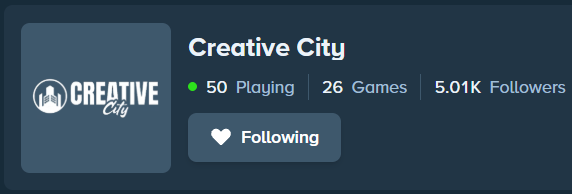 A Stake profile card for “Creative City” shows 50 Playing, 26 Games, and 5.01K Followers, with a Following button. It highlights the account reaching 5,000 followers, matching the post’s announcement.