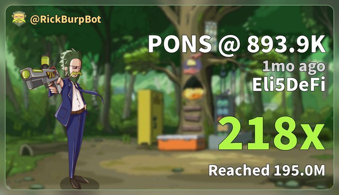 A promotional graphic by @RickBurpBot celebrating 'PONS @ 893.9K' reaching 195.0M with a '218x' multiplier, featuring a character resembling Rick Sanchez firing a laser gun.