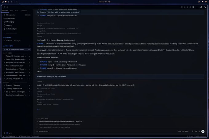 A dark-themed chat application interface displaying conversations, code snippets, and AI agent output related to Hermes, Merkl, and Set up local Ollama with CLI commands.