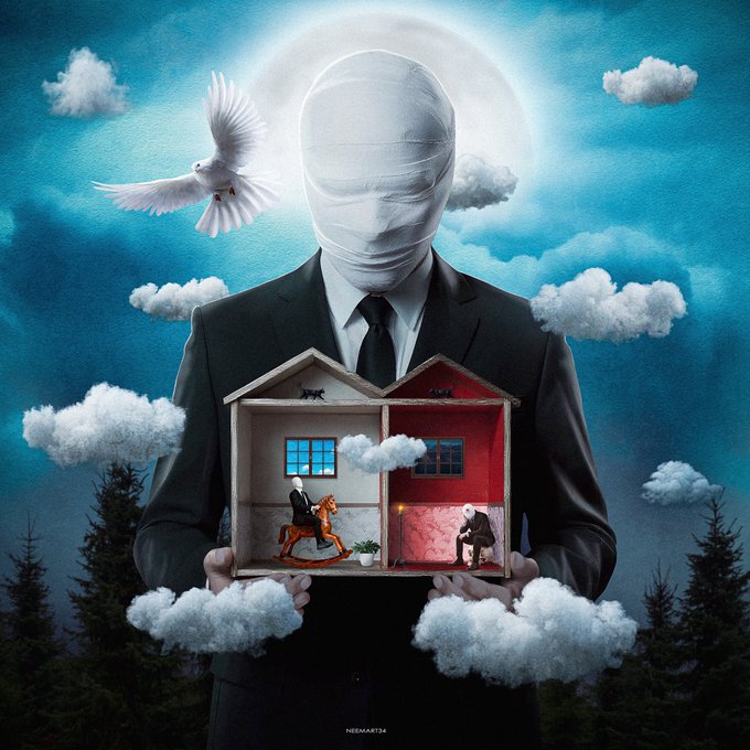 A surreal illustration by Neenaartm showing a figure in a black suit with a white wrapped head holding a dollhouse, accompanied by a white dove and clouds against a moonlit sky.