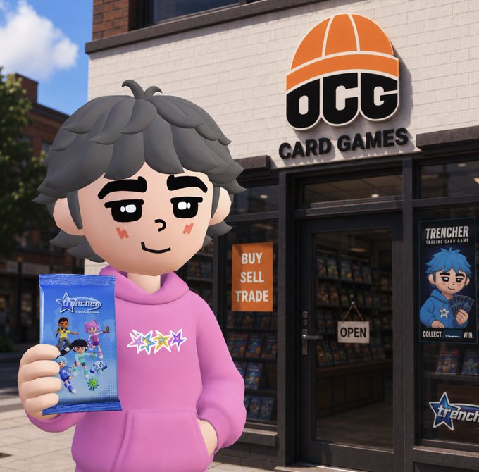 A 3D cartoon character in a pink hoodie holds a blue "Trencher" card pack outside the "OCG Card Games" store, which advertises "BUY SELL TRADE" and displays a "Trencher Trading Card Game" poster, marking the official release of the limited 500-pack Trencher TCG drop.